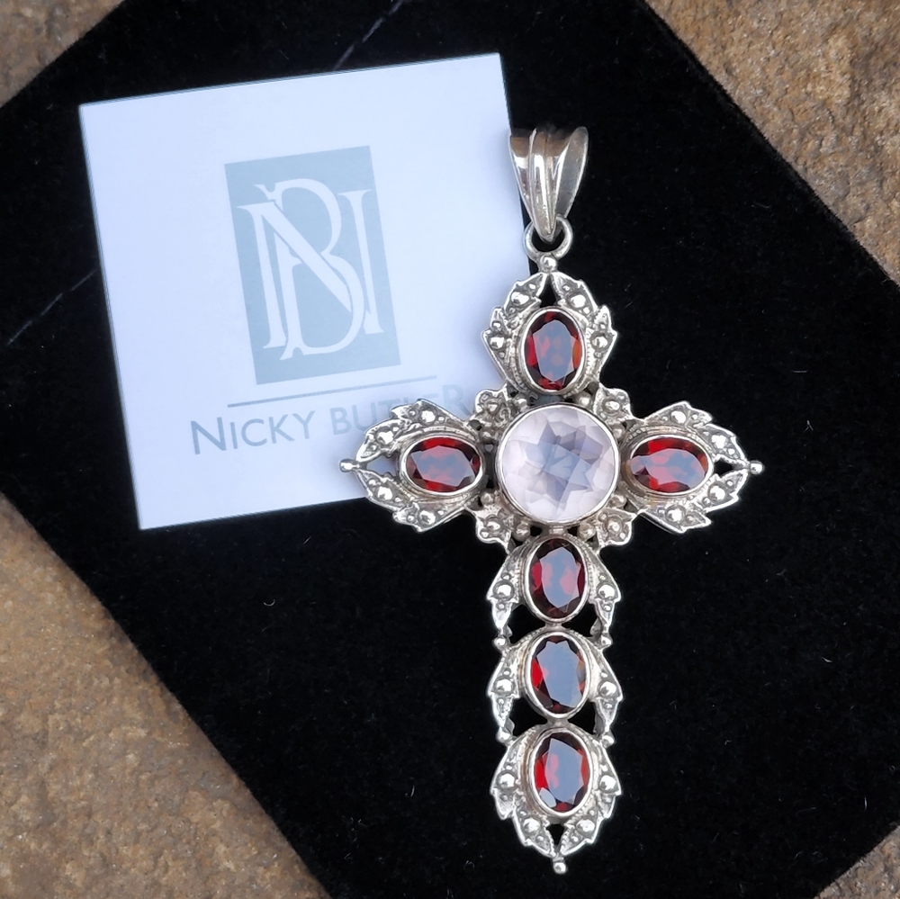 Nicky Butler Designer 925 Sterling Silver Cross Pendant Garnet & Rose Quartz NB